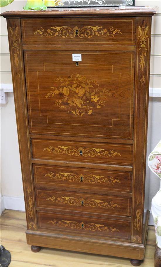 A Louis XVI style floral marquetry inlaid rosewood fall front secretaire, with marble top W.66cm